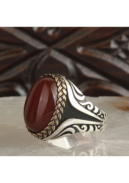 925 Ayar Gümüş Bordo Akik Taşlı Erkek Yüzük