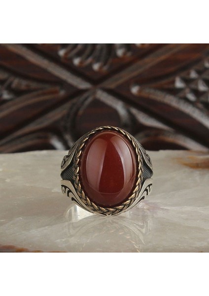 925 Ayar Gümüş Bordo Akik Taşlı Erkek Yüzük fiyatları