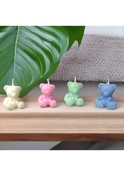 Ayıcık Desenli Mum (Kına, Nişan, Bebek, Bride, Düğün Organizasyon Hediyelik Mum ) 4'lü Set (Beyaz- Pembe - Yeşil - Mavi)
