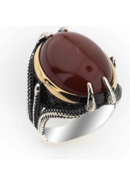 925 Ayar Gümüş Bordo Akik Taşlı Pençe Model Erkek Yüzük