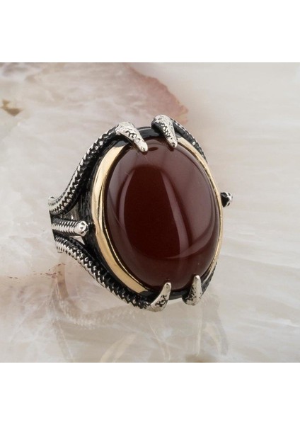 925 Ayar Gümüş Bordo Akik Taşlı Pençe Model Erkek Yüzük