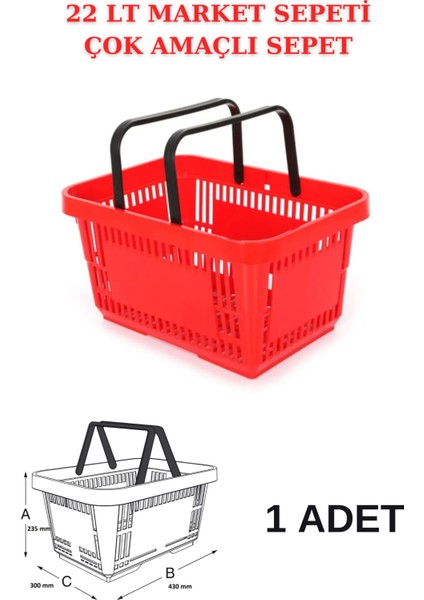22 Litre Market Sepeti, Alışveriş Sepeti, Saplı Market Sepeti