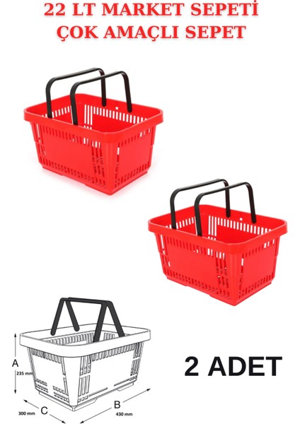 22 Litre 2 Adet Market Sepeti, Alışveriş Sepeti, Saplı Market Sepeti