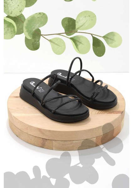 Siyah Taşlı Kadın Terlik Tekstil Malzeme