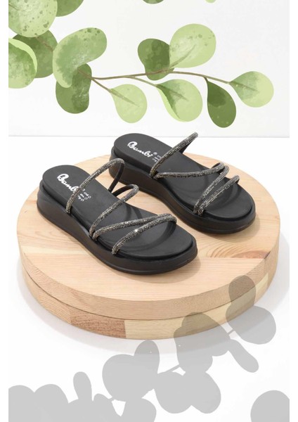 Platin Taşlı Kadın Terlik Düz Topuklu Konforlu Tekstil Malzeme