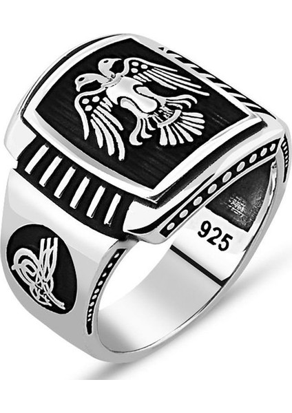 925 Ayar Gümüş Çift Başlı Kartal Model Tuğra Işlemeli Erkek Yüzük