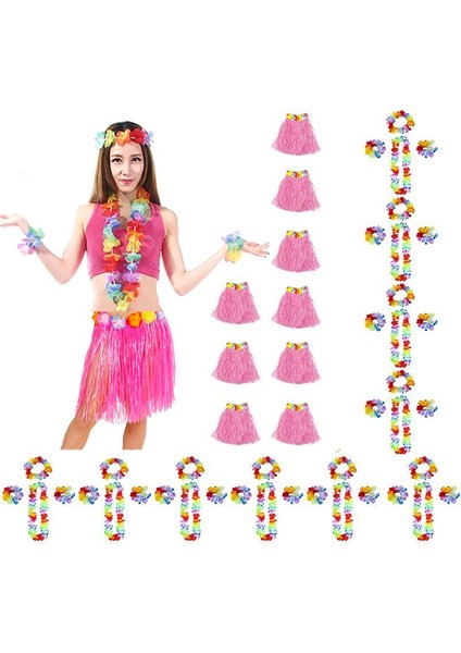 Setli Yetişkin Çocuk Uyumlu Hawaii Eteği Pembe Renk 40 cm 10 Set 50 Parça