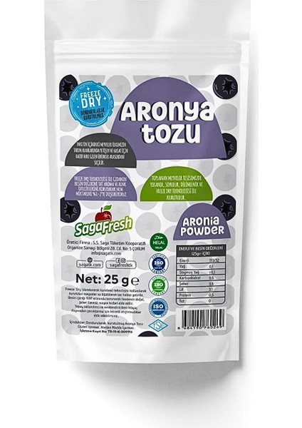 Sagafresh Dondurularak Kurutulmuş Aronya Tozu 25g fiyatları