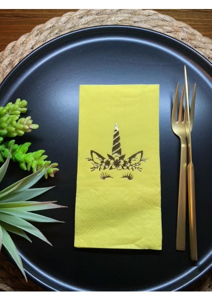 Gold Yaldızlı Sarı Unicorn Garson Katlama Peçete 16 Lı