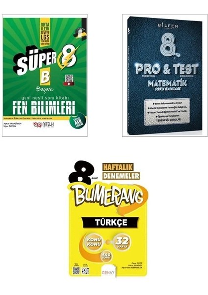 8. Sınıf Yeni Süper Fen Soru + Bilfen LGS Pro Test Matematik + Günay Yayıncılık Gün&ay