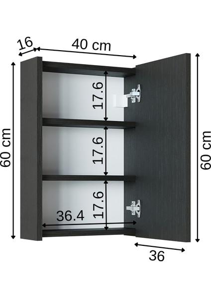 Banos Banyo Roomart Kulpsuz Tek Kapaklı Ahşap Siyah 40 cm Aynalı Banyo Üst Dolabı