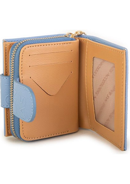Kadın Çift Kapaklı Mini Cüzdan Mavi Camel Gofraj