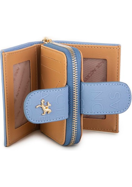 Kadın Çift Kapaklı Mini Cüzdan Mavi Camel Gofraj