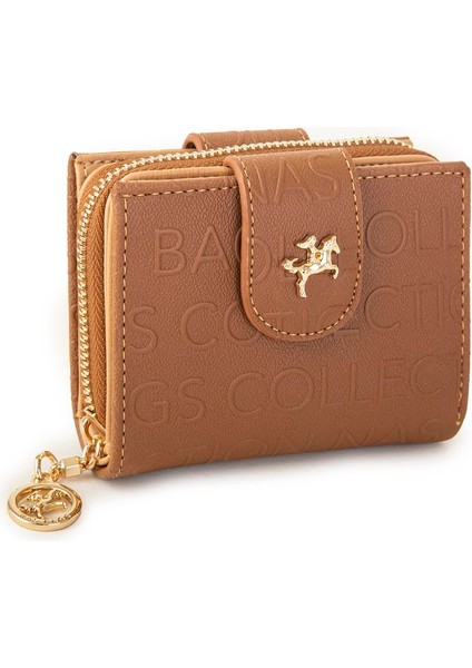 Kadın Çift Kapaklı Mini Cüzdan Taba Camel Gofraj