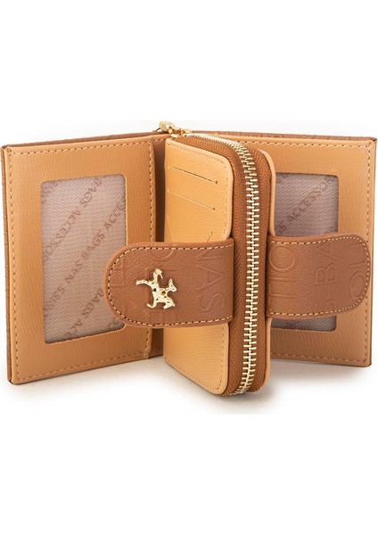 Kadın Çift Kapaklı Mini Cüzdan Taba Camel Gofraj