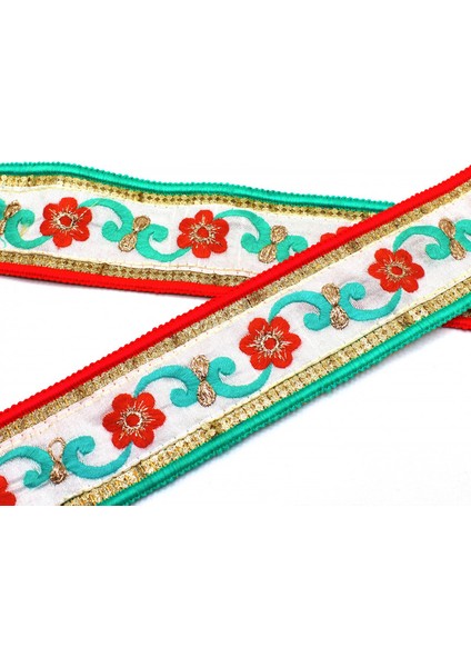 Hint İşi Şerit Çiçek Motifli Kırmızı-Turkuaz