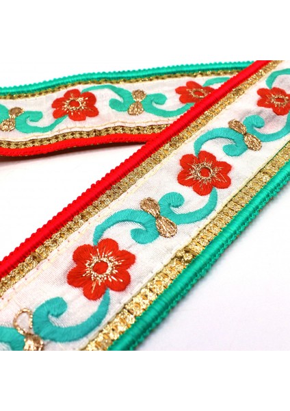 Hint İşi Şerit Çiçek Motifli Kırmızı-Turkuaz fırsatları