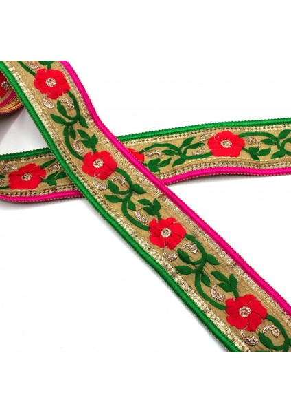 Hint İşi Şerit Çiçek Motifli Yeşil - Kırmızı