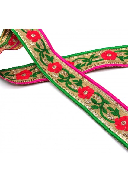 Hint İşi Şerit Çiçek Motifli Yeşil - Kırmızı fırsatları