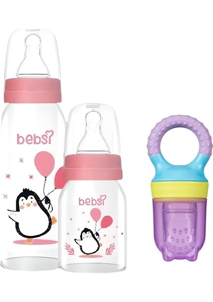 Cam Biberon Seti Pembe (250 ml +125 ml) + Wee Baby Meyve Süzgeci Mor