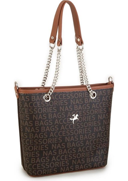 Kadın Omuz Çantası Kahve Taba Yazılı