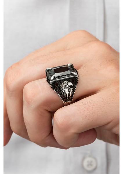 Dikdörtgen Kartal Motifli Siyah Taşlı 925 Gümüş Erkek Yüzük fiyatları