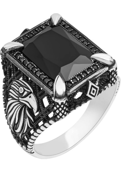 Dikdörtgen Kartal Motifli Siyah Taşlı 925 Gümüş Erkek Yüzük fırsatları