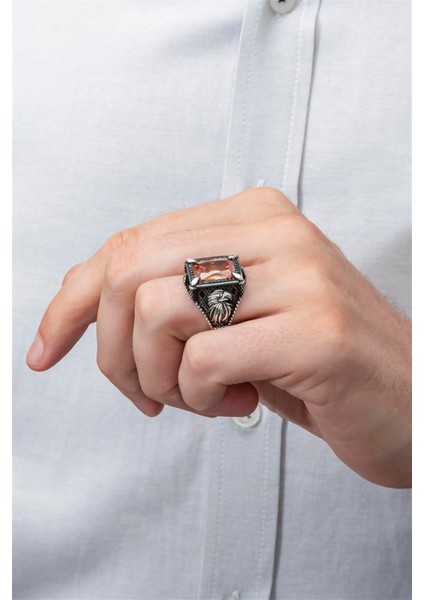 Dikdörtgen Kartal Motifli Sitrin Taşlı 925 Gümüş Erkek Yüzük fiyatları