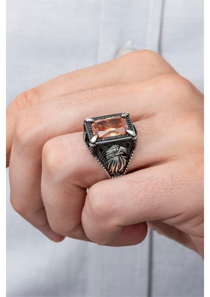 Dikdörtgen Kartal Motifli Sitrin Taşlı 925 Gümüş Erkek Yüzük modelleri