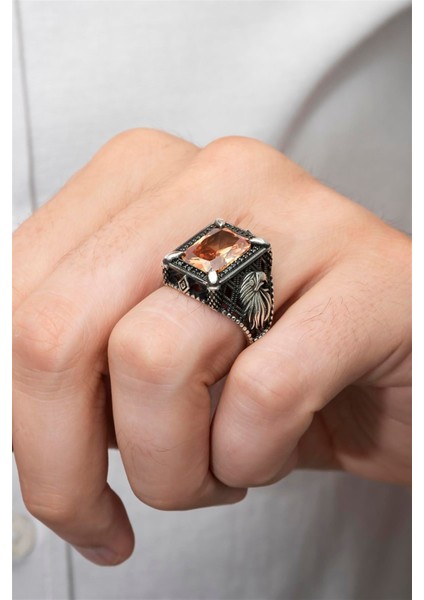 Dikdörtgen Kartal Motifli Sitrin Taşlı 925 Gümüş Erkek Yüzük fırsatları