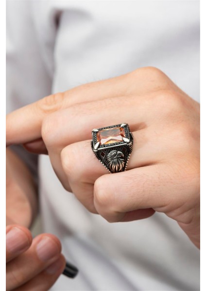 Dikdörtgen Kartal Motifli Sitrin Taşlı 925 Gümüş Erkek Yüzük indirimleri