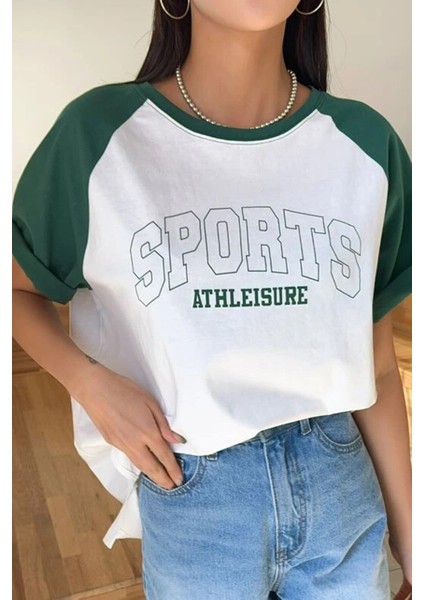 Kadın Sports Baskılı Bisiklet Yaka Oversize Boyfriend T-Shirt