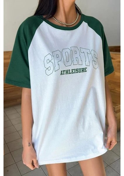 Kadın Sports Baskılı Bisiklet Yaka Oversize Boyfriend T-Shirt modelleri