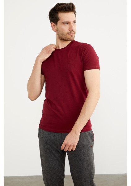 Sıfır Yaka Basic Tişört - Bordo modelleri