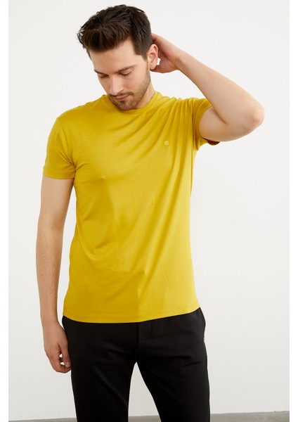 Sıfır Yaka Basic Tişört - Hardal
