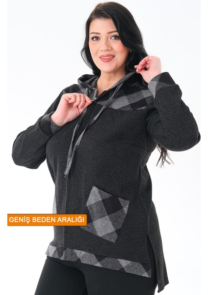 Ekose Kapüşonlu Dokuma Büyük Beden Hırka