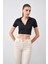 Tena Moda Kadın Siyah Polo Yaka Bürümcük Kumaş Crop 2