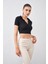 Tena Moda Kadın Siyah Polo Yaka Bürümcük Kumaş Crop 3