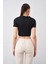 Tena Moda Kadın Siyah Polo Yaka Bürümcük Kumaş Crop 5