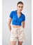 Tena Moda Kadın Saks Polo Yaka Bürümcük Kumaş Crop 1