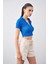 Tena Moda Kadın Saks Polo Yaka Bürümcük Kumaş Crop 3