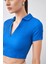 Tena Moda Kadın Saks Polo Yaka Bürümcük Kumaş Crop 4