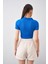 Tena Moda Kadın Saks Polo Yaka Bürümcük Kumaş Crop 5