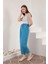 Keten Kumaş Beli Lastikli Şalvar Kadın Pantolon-Mavi 2