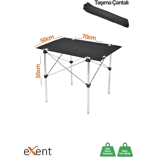 Exent 70X50 cm Tekstil Kamp Masası, Piknik, Bahçe Balkon Plaj Masası, Katlanır Taşıma Çantalı Masa Siyah