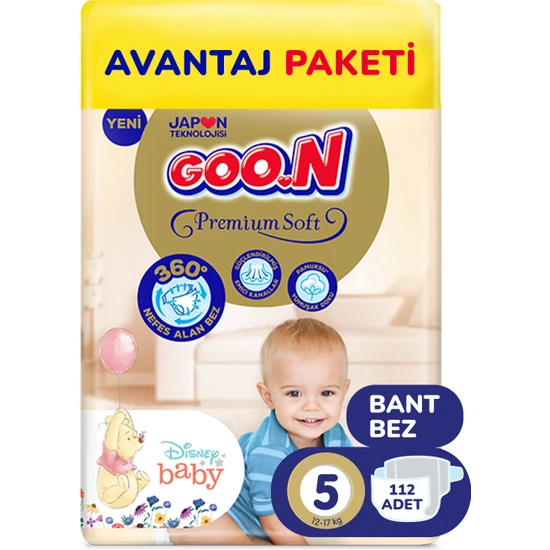 Goo.N Premium Soft 5 Numara Süper Yumuşak Bant Bebek Bezi Avantajlı Paket - 112 Adet