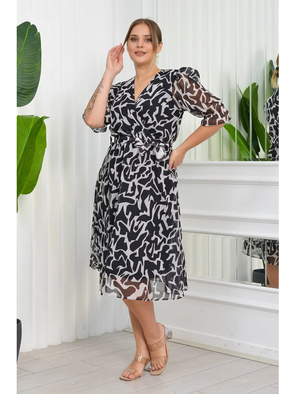 Neşeli Butik Kadın Büyük Beden Desenli Şifon Elbise NB8063 - Siyah