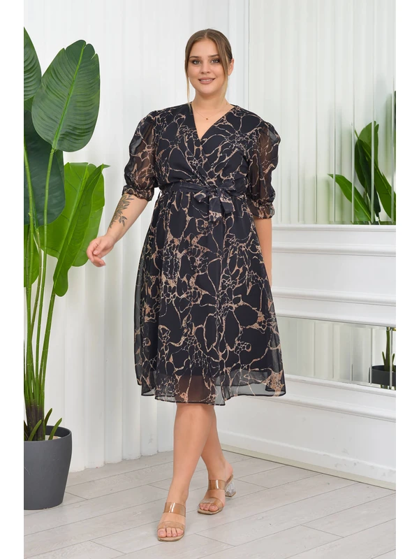 Neşeli Butik Kadın Büyük Beden Mermer Desenli Şifon Elbise RY8063