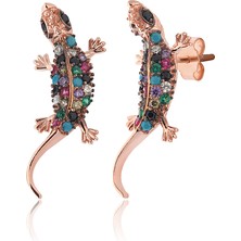 Zanaat Silver Zanaatsilver 925 Ayar Gümüş Mix Taşlı Rose Kaplama 3D Bukalemun Modeli Küpe