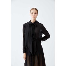 ROMAN Yakası Bağlama Detaylı İpek Gömlek Siyah K2213524_001